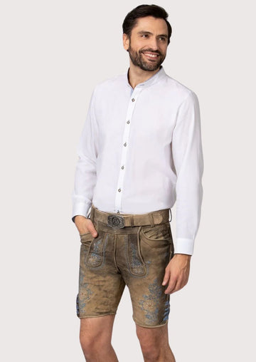 Authentic Bavarian Lederhosen for men with floral embroidery.