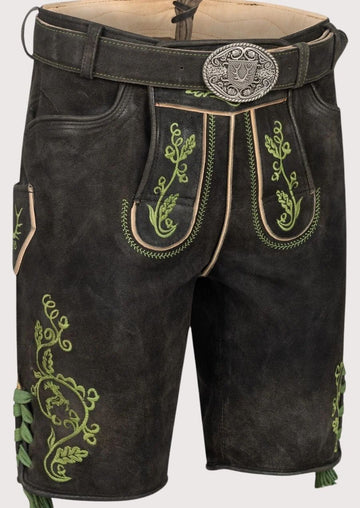 Bavarian lederhosen for men with green floral embroidery, perfect for Oktoberfest and traditional German festivals.