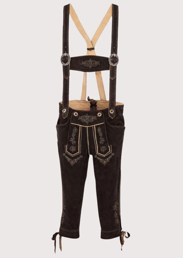 Men’s Bundhosen crafted from premium suede leather with floral embroidery, perfect for Oktoberfest, beer festivals, and Bavarian cultural celebrations.