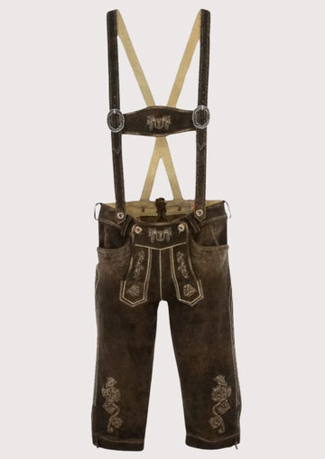 Men’s Bundhosen made from premium suede leather with floral embroidery, perfect for Oktoberfest, cultural festivals, and outdoor celebrations.