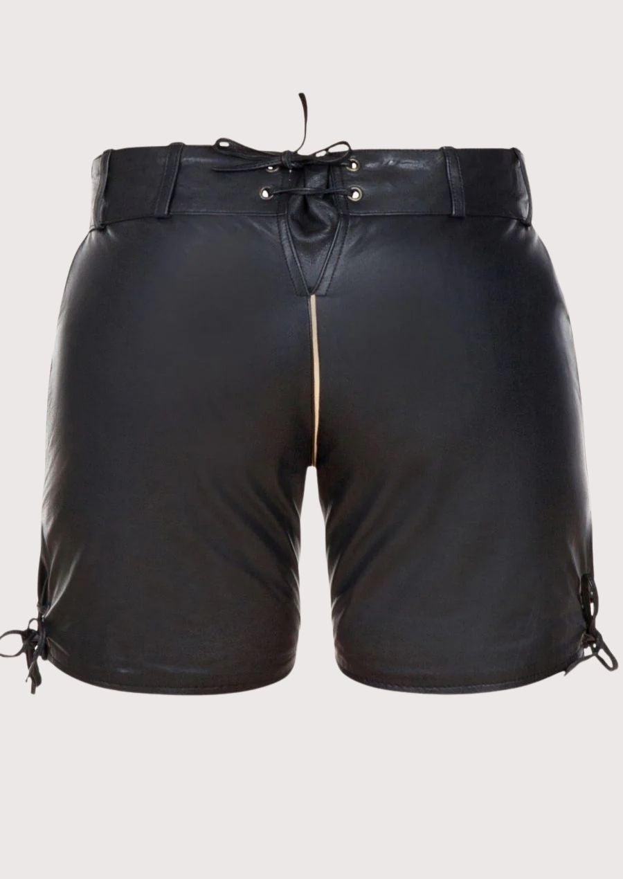 Chic black leather lederhosen for women with Bavarian embroidery, perfect for Oktoberfest and cultural events.