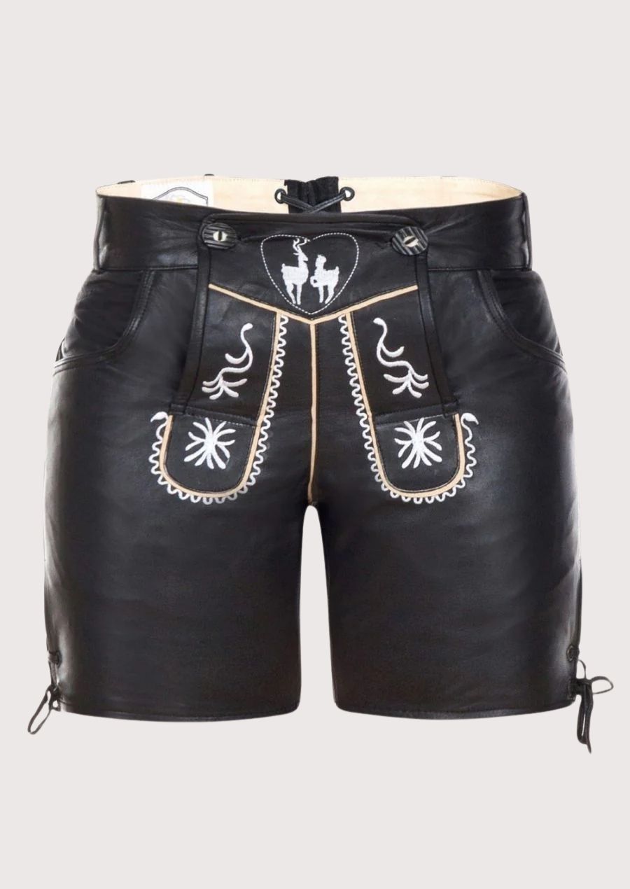 Chic black leather lederhosen for women with Bavarian embroidery, perfect for Oktoberfest and cultural events.