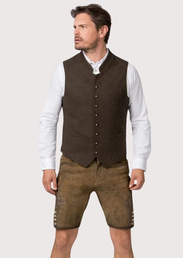 Handcrafted Bavarian vest in brown wool with wooden buttons, perfect for Oktoberfest and traditional events.