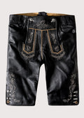 Authentic leather Lederhosen for women with embroidered details, ideal for cultural events.