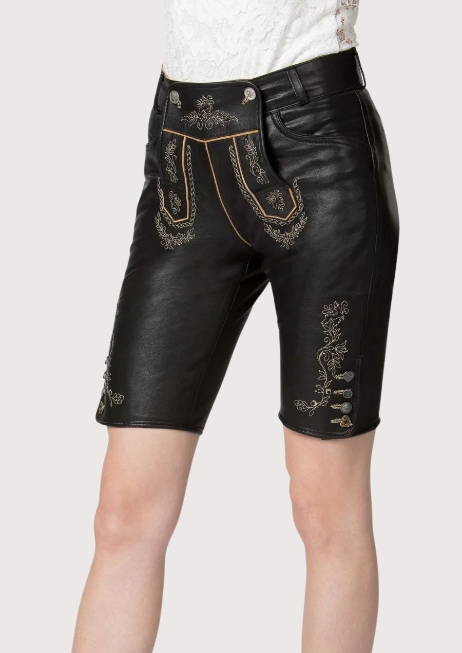 Classic women's Lederhosen featuring intricate floral embroidery and durable leather design.
