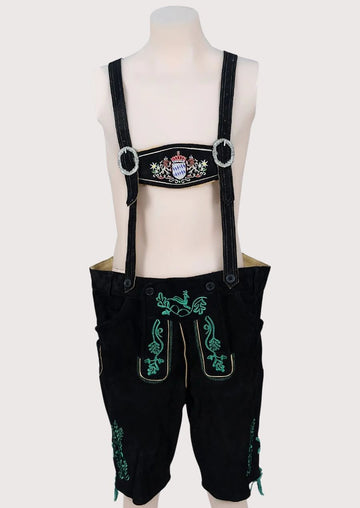 Men’s Bavarian Lederhosen with intricate green embroidery