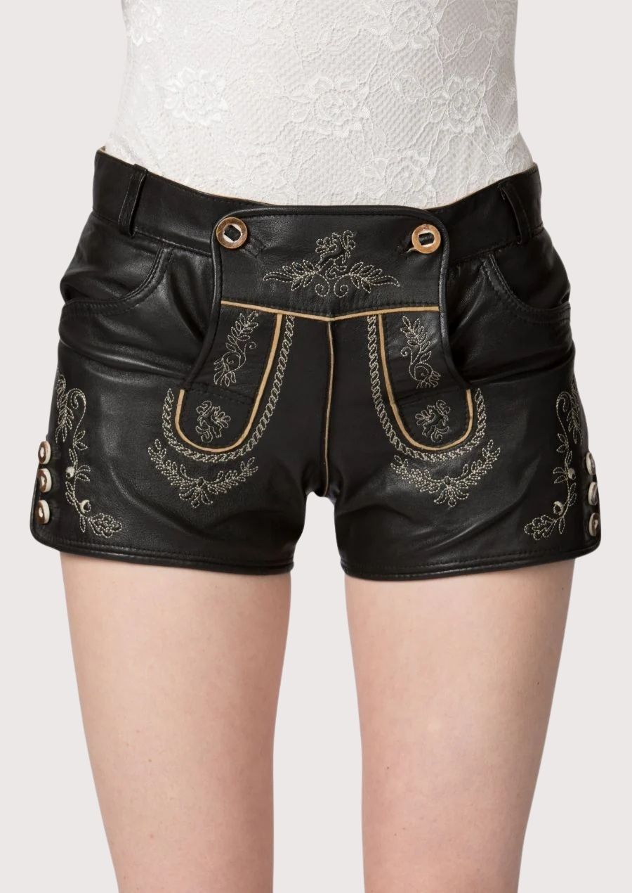Stylish women’s lederhosen made from premium leather with floral embroidery, ideal for Oktoberfest, cultural festivals, and traditional celebrations.