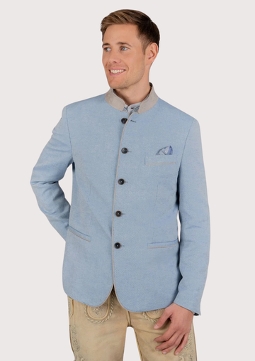 Front view of men’s light blue Trachten jacket with beige collar