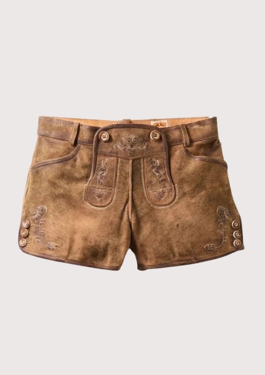 Women’s lederhosen with intricate floral embroidery and adjustable button fit, ideal for Oktoberfest, cultural festivals, and traditional celebrations.