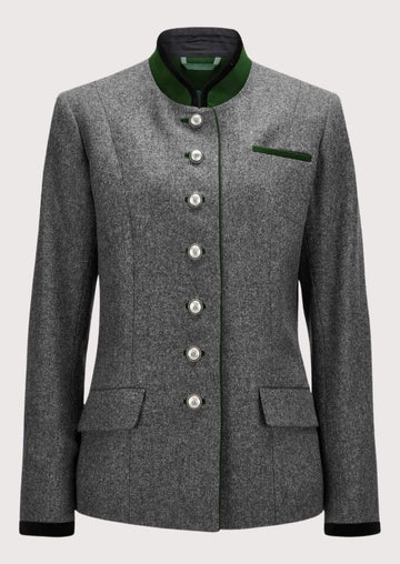 Women’s Trachten Jacket in grey wool with classic button detailing for traditional events and Oktoberfest.