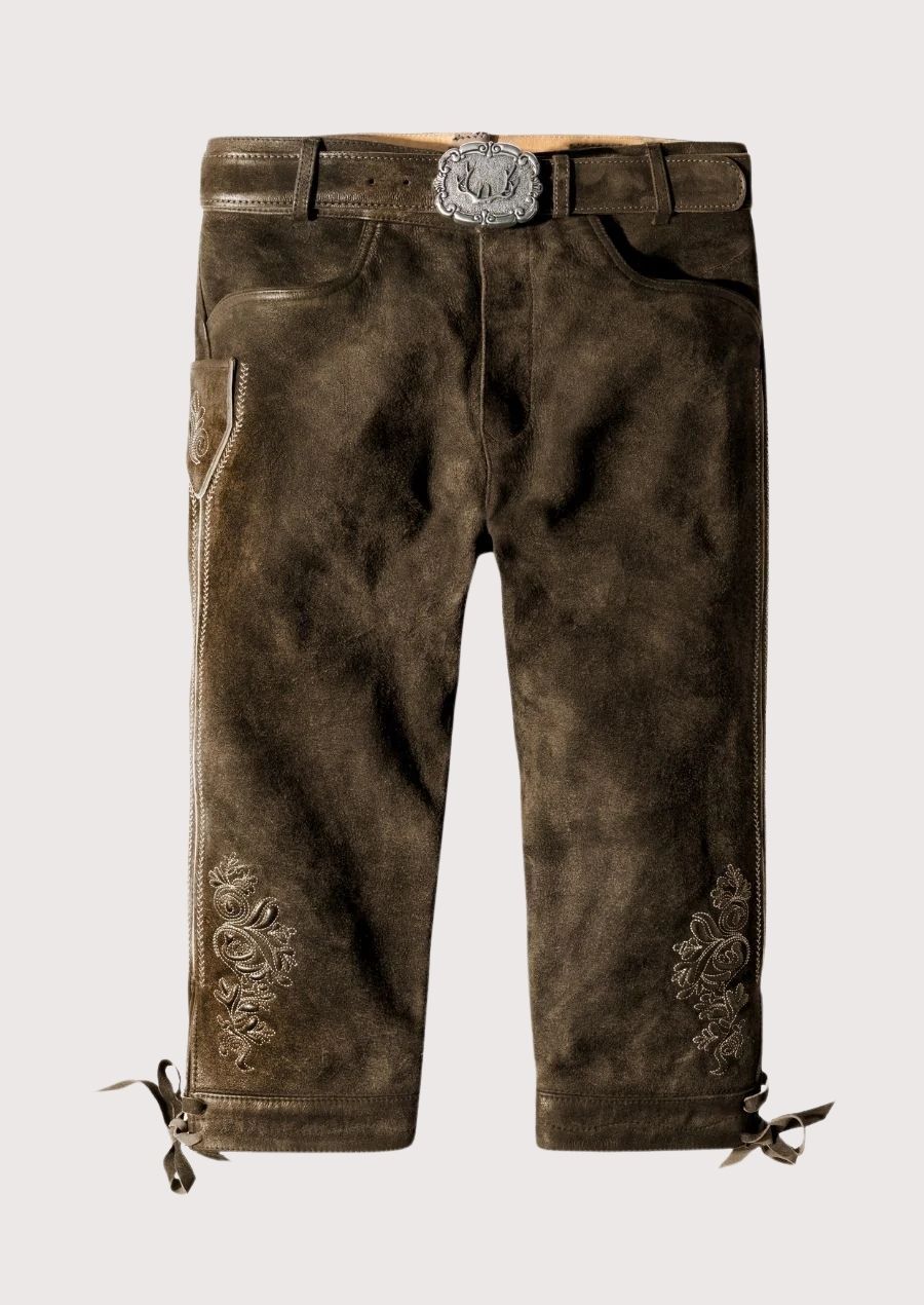 Brown Bundhosen With Knife Pocket with knee ties, rustic Bavarian craftsmanship, traditional Alpine styling, and Oktoberfest heritage design