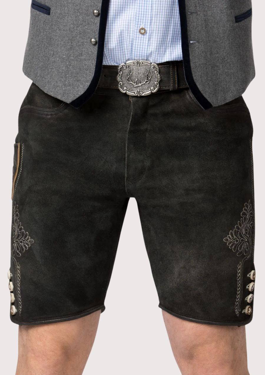 alpine black heritage lederhosen men featuring subtle embroidery, side buttons and classic Oktoberfest design