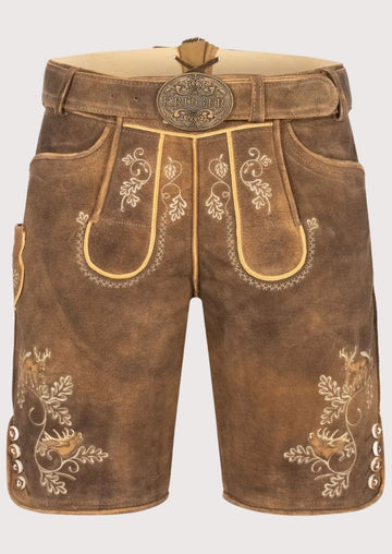 Alpine Stag Lederhosen in Goat Suede with embroidered deer motifs and authentic Oktoberfest character