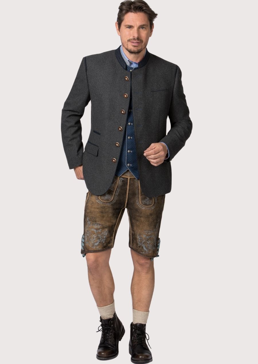 Authentic Alpine Style Oktoberfest jacket featuring wool construction, green piping details, and horn button closures, ideal for festive occasions.