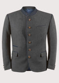 Men's Anthracite Janker With Navy Trim with navy stand collar, premium wool blend fabric, Bavarian traditional jacket, Alpine formalwear, German heritage clothing, Oktoberfest outfit, wood-style buttons, and classic Austrian fashion
