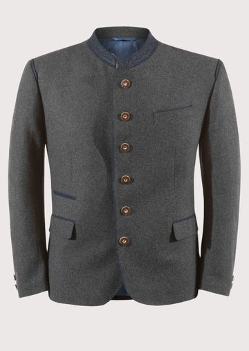 Men's Anthracite Janker With Navy Trim with navy stand collar, premium wool blend fabric, Bavarian traditional jacket, Alpine formalwear, German heritage clothing, Oktoberfest outfit, wood-style buttons, and classic Austrian fashion