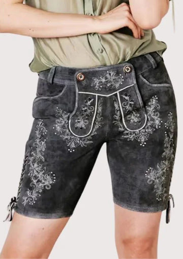 Anthracite Lederhosen Alpine Floral  crafted from gray suede leather with authentic Bavarian design elements.
