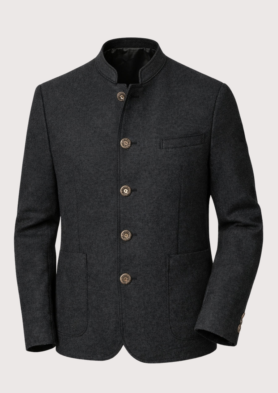 Men's Anthracite Loden Trachten Jacket Menwith stand collar, decorative heritage buttons, premium wool blend fabric, Bavarian traditional jacket, Alpine formalwear, Oktoberfest clothing, German heritage fashion, and luxury Trachten blazer