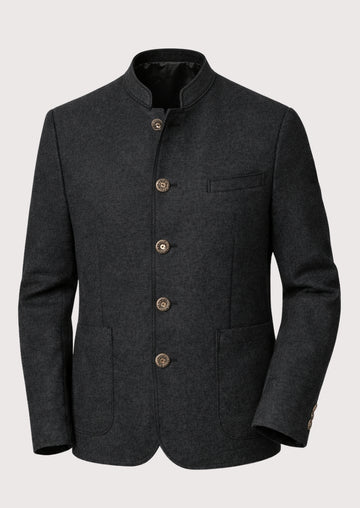 Men's Anthracite Loden Trachten Jacket Menwith stand collar, decorative heritage buttons, premium wool blend fabric, Bavarian traditional jacket, Alpine formalwear, Oktoberfest clothing, German heritage fashion, and luxury Trachten blazer