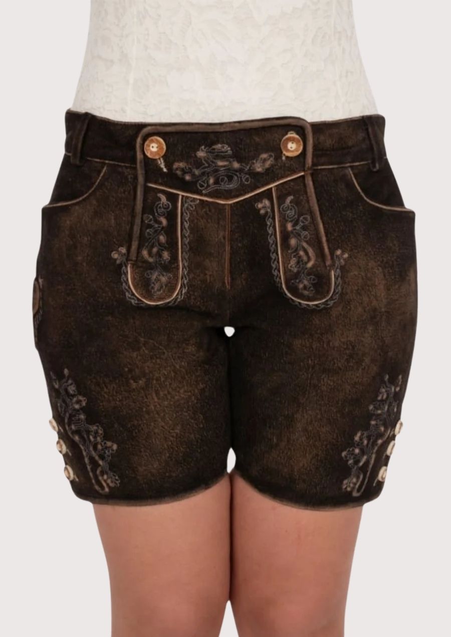 Antique Brown Lederhosen Oak Leaf showcasing traditional embroidery and premium Alpine-inspired construction.