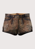Women's antique brown suede lederhosen shorts with Alpine embroidery, side lace ties, and Bavarian craftsmanship.