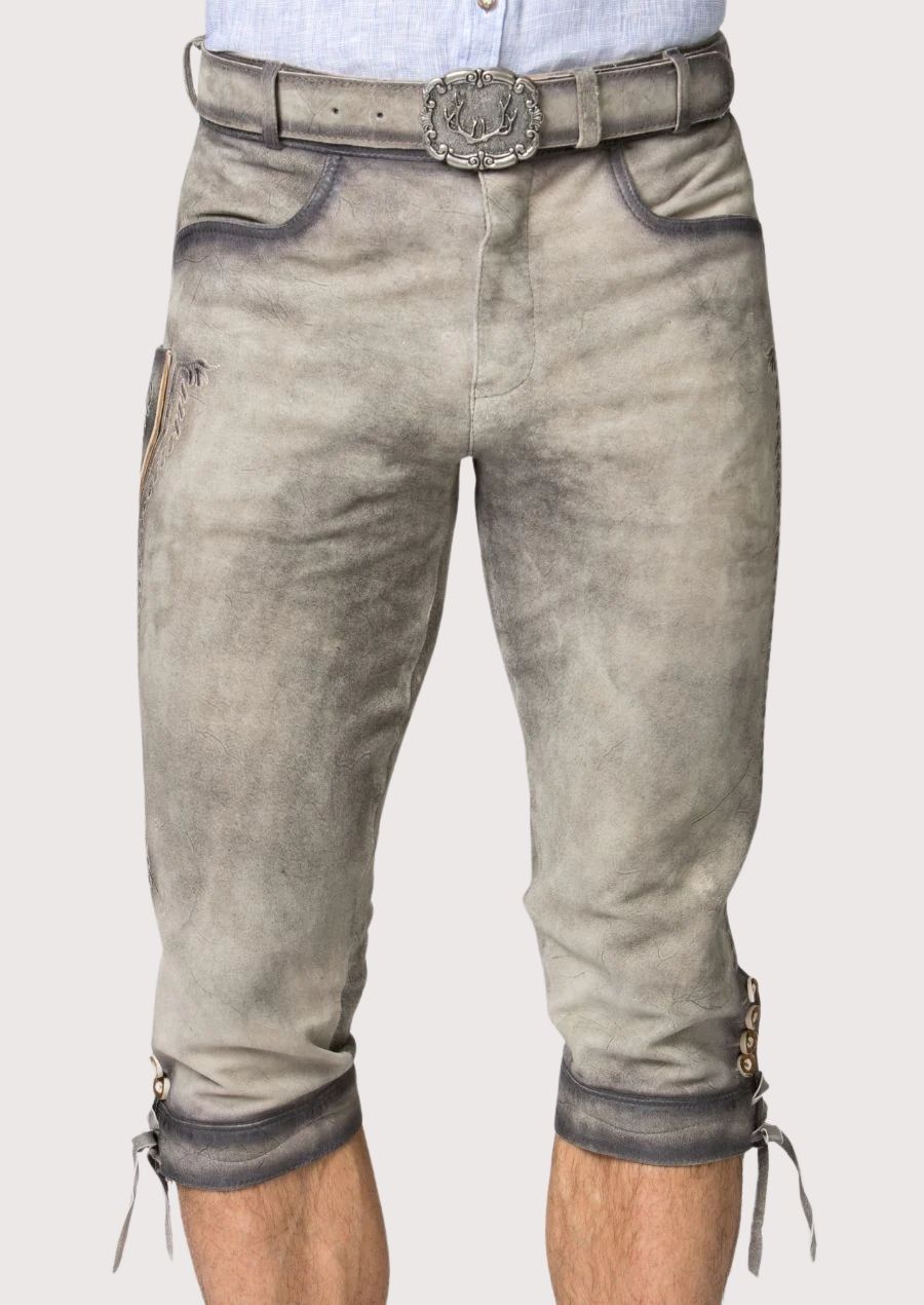 Ash Gray Bundhosen With Knife Pocket, traditional Bavarian design, knee-length fit, premium leather craftsmanship, and Oktoberfest style