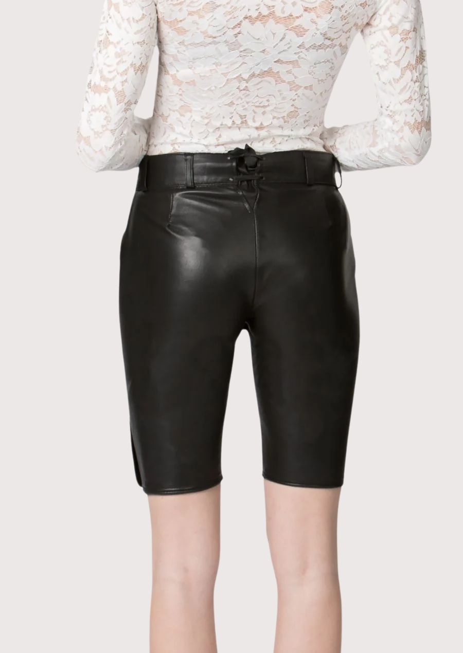 Authentic alpine black leather lederhosen shorts with decorative side buttons