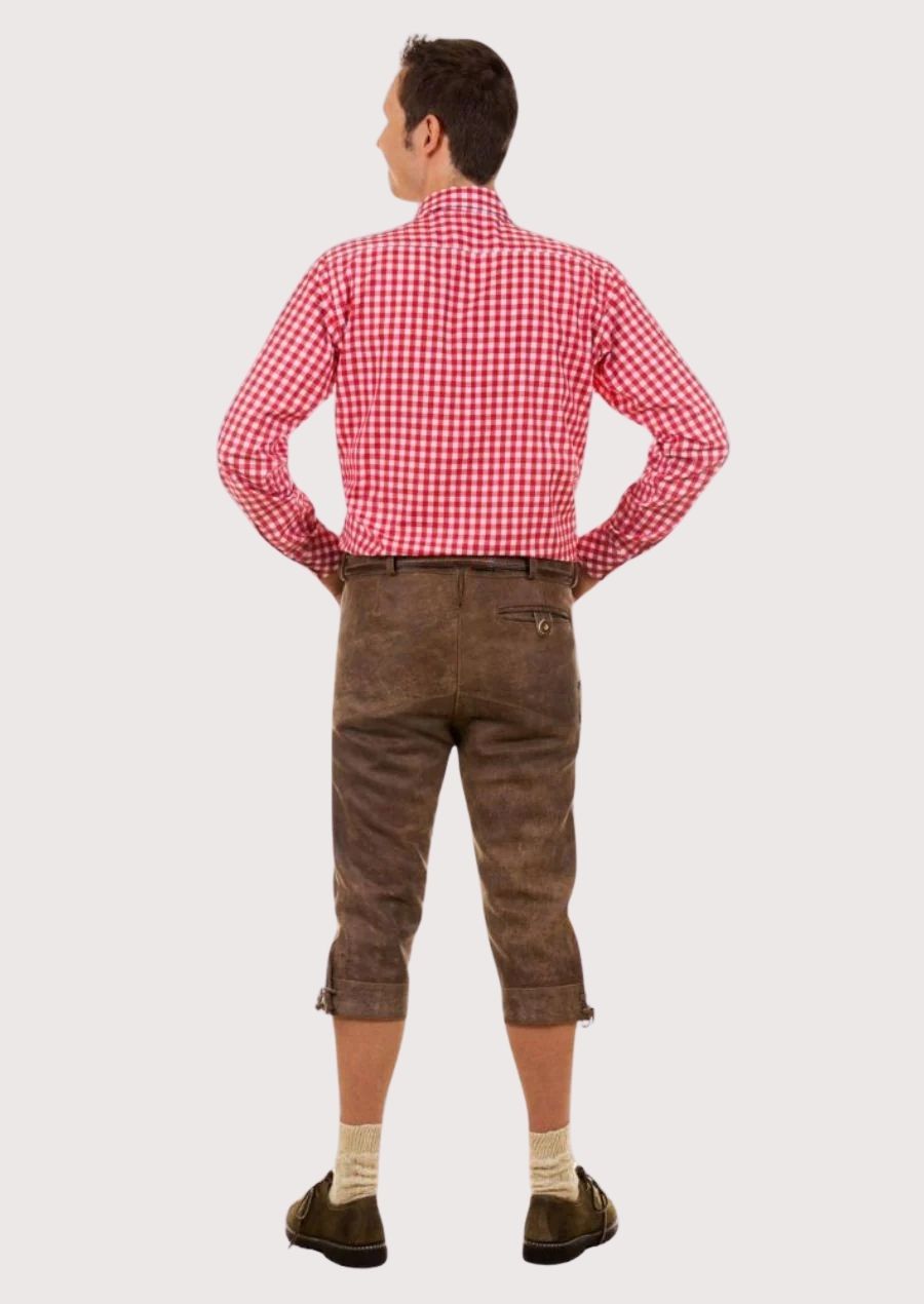 Authentic Alpine Bundhosen for Oktoberfest crafted from premium goatskin suede with embroidered accents