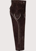 Authentic Alpine Bundhosen with brace straps, embroidered bib panel, and premium goatskin suede construction