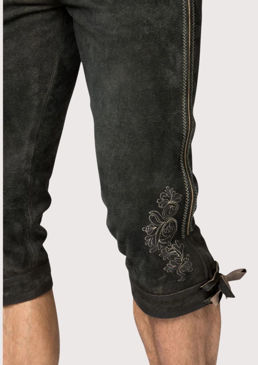Authentic Alpine Bundhosen in distressed black suede with classic German heritage design and side lace details