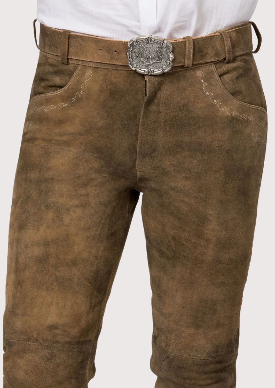 Authentic Alpine leather pants for Oktoberfest showcasing classic German craftsmanship and vintage brown finish