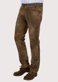 Authentic Alpine leather pants with rustic finish showcasing traditional German styling and durable suede construction