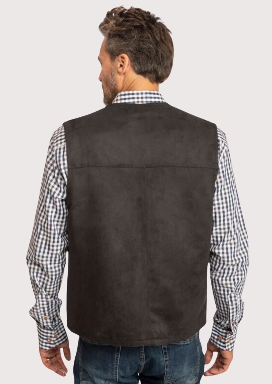 Authentic alpine leather vest worn casually for German festivals
