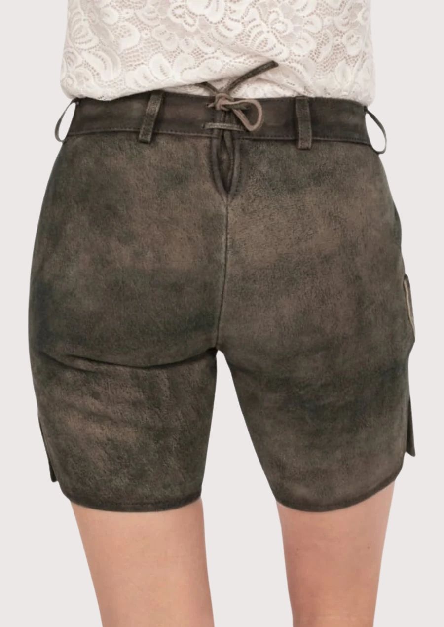 Authentic alpine women’s lederhosen shorts showing classic cut and decorative stitching