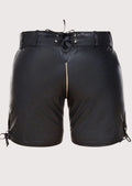 Authentic Bavarian black lederhosen shorts with classic leather finish and folk detailing