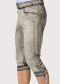 Authentic Bavarian Bundhosen showcasing a weathered grey finish, premium leather construction, and classic tailoring