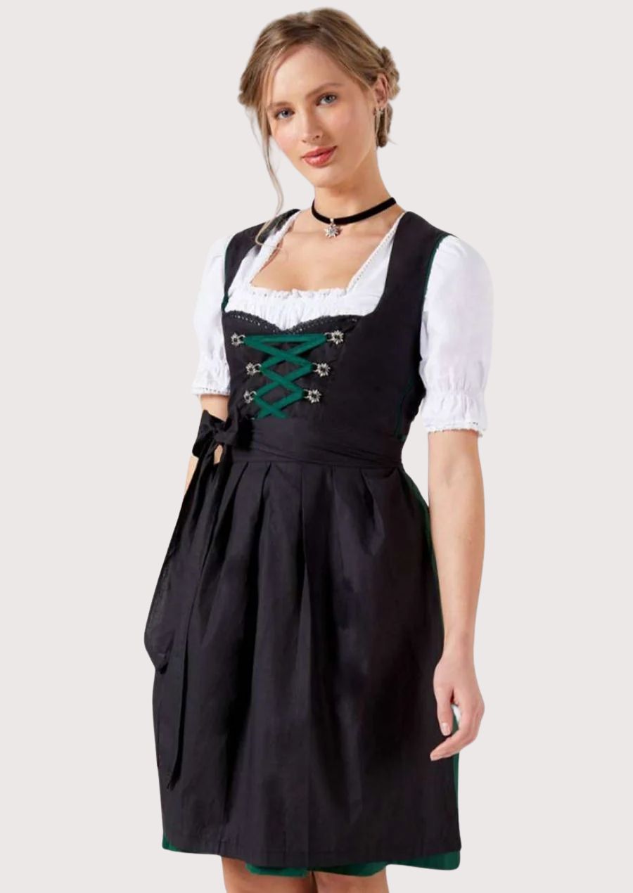 Authentic Bavarian festival Dirndl dress with emerald green detailing, black apron, white puff sleeve blouse, and classic German folk costume appeal.