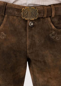 Authentic Bavarian leather trousers in brown with handcrafted details, rustic finish, and Alpine heritage design