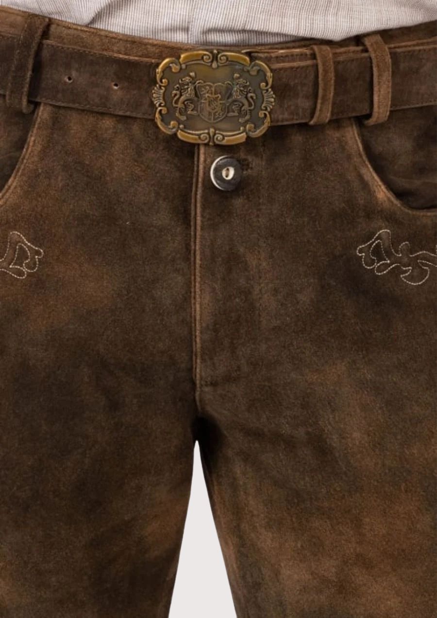 Authentic Bavarian leather trousers in brown with handcrafted details, rustic finish, and Alpine heritage design