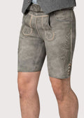 Ash gray goatskin lederhosen with decorative embroidery, side buttons and classic Alpine styling