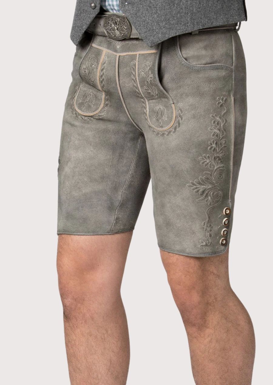 Ash gray goatskin lederhosen with decorative embroidery, side buttons and classic Alpine styling