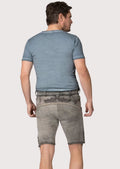 Stone gray goatskin lederhosen featuring intricate black embroidery and classic German craftsmanship