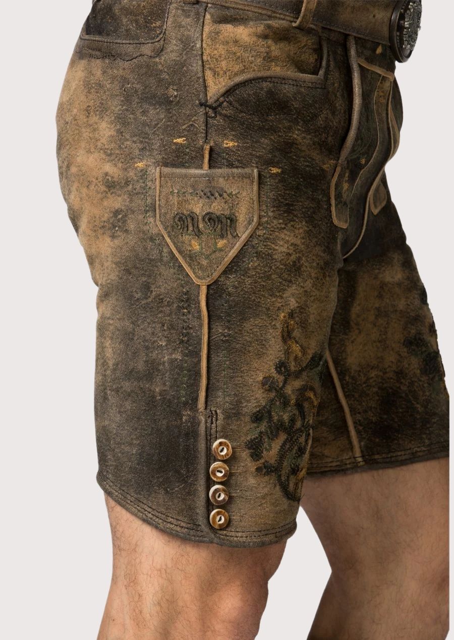 Men's rustic brown lederhosen with detailed embroidered accents and classic Oktoberfest craftsmanship