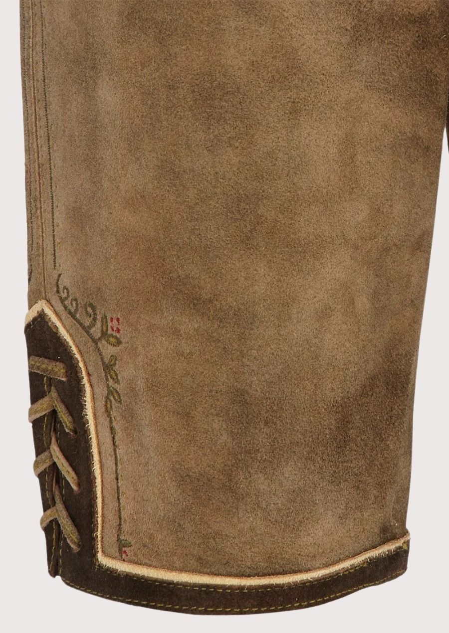 Authentic Bavarian lederhosen crafted from soft suede with detailed alpine stitching