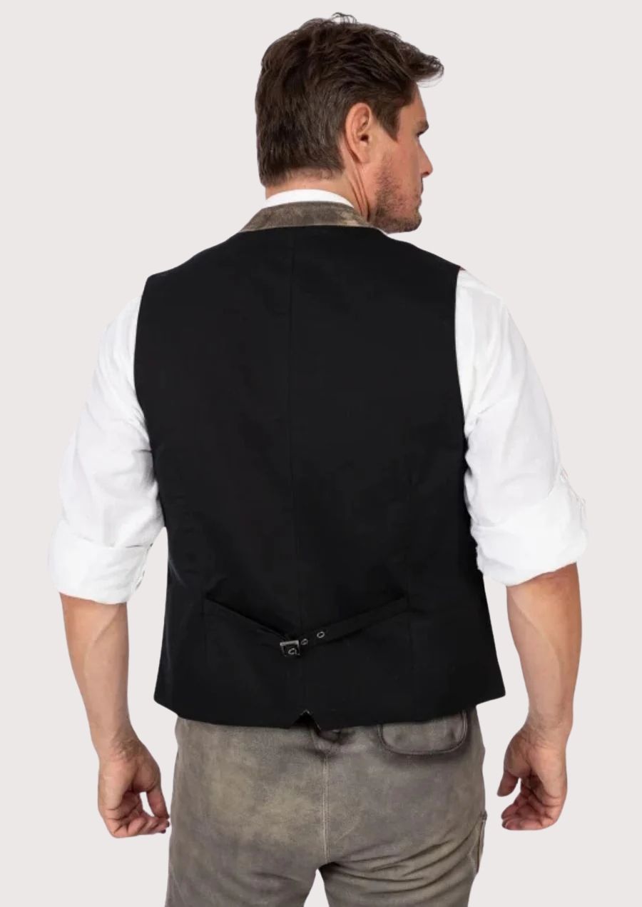 Men's Authentic Bavarian Vest with embroidered details and wooden buttons, designed for Oktoberfest and cultural festivities.

