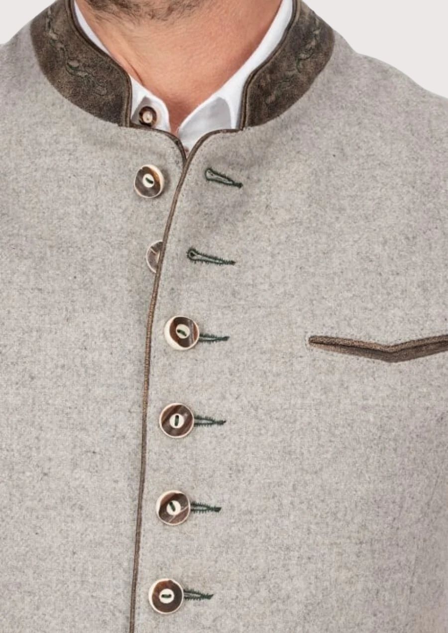 Elegant grey Bavarian vest with embroidery and a tailored fit, ideal for Oktoberfest and traditional German weddings.


