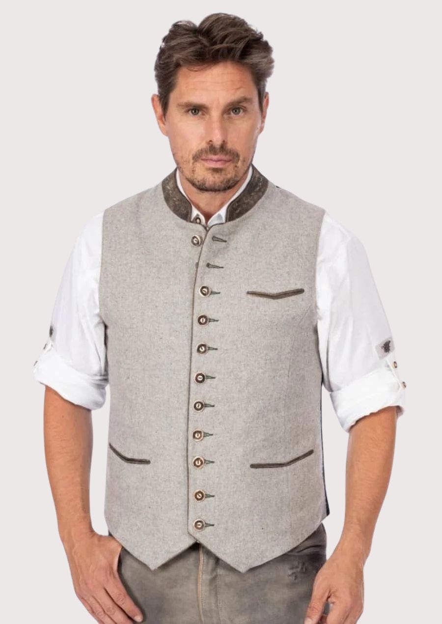 Men's traditional Bavarian vest with green embroidery and wooden button details, perfect for festive events and cultural occasions.

