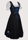 Authentic lace-up Oktoberfest Dirndl dress in black and royal blue with embroidered details, white blouse, and classic Bavarian silhouette.