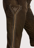 Authentic Bundhosen outfit for Oktoberfest men with embroidered front flap, rustic brown finish, and classic braces