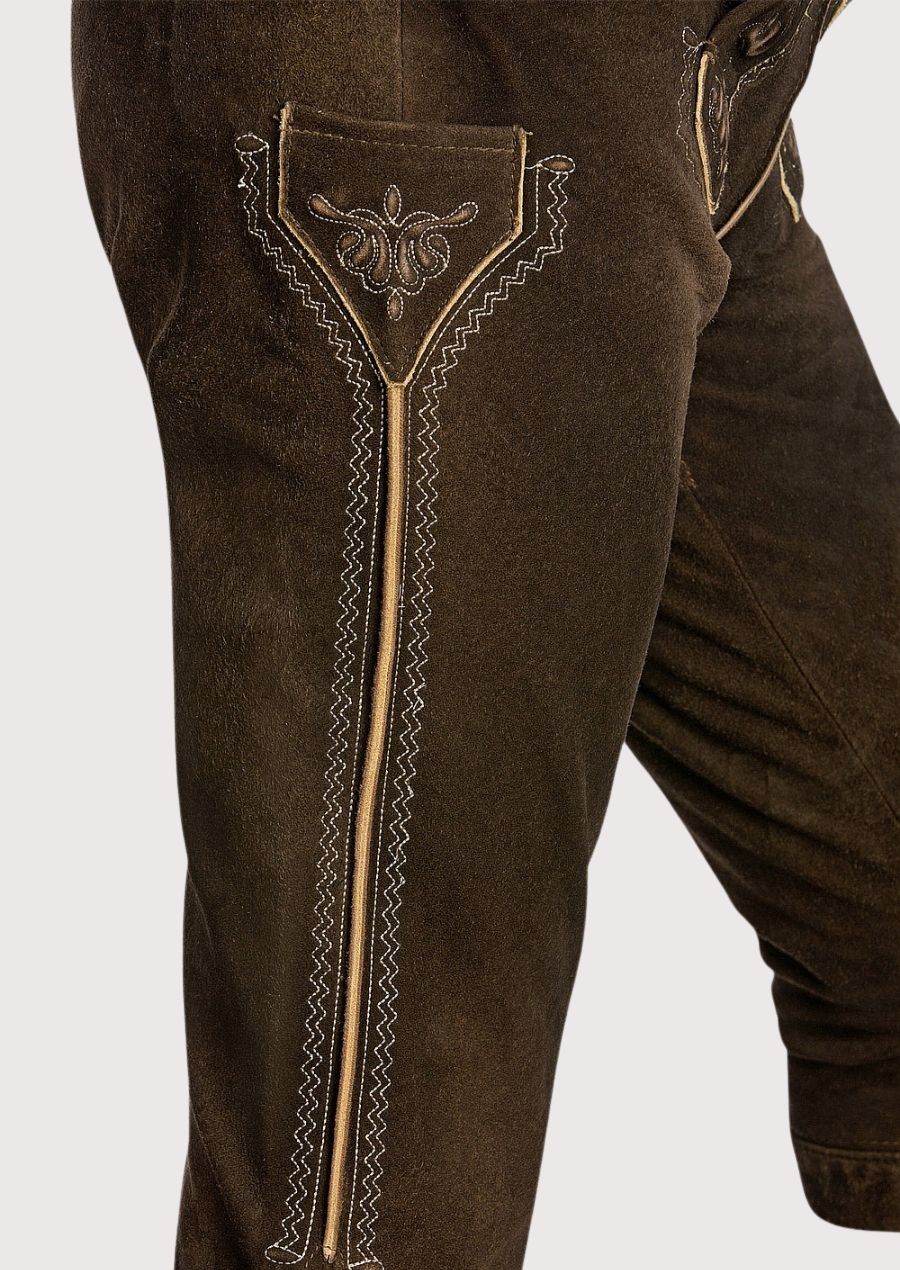 Authentic Bundhosen outfit for Oktoberfest men with embroidered front flap, rustic brown finish, and classic braces